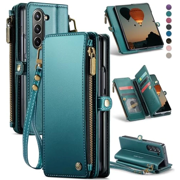 Defencase Wallet Case Compatible with Samsung Galaxy Z Fold 6 with RFID Blocking Card Holder & S Pen Holder PU Leather Magnetic Snap Flip Zipper Strap Phone Case Fit for Galaxy Z Fold 6, Blue Green by Defencase - Image 1