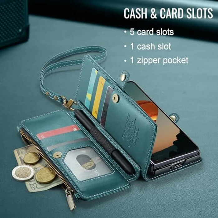 Defencase Wallet Case Compatible with Samsung Galaxy Z Fold 6 with RFID Blocking Card Holder & S Pen Holder PU Leather Magnetic Snap Flip Zipper Strap Phone Case Fit for Galaxy Z Fold 6, Blue Green by Defencase - Image 7