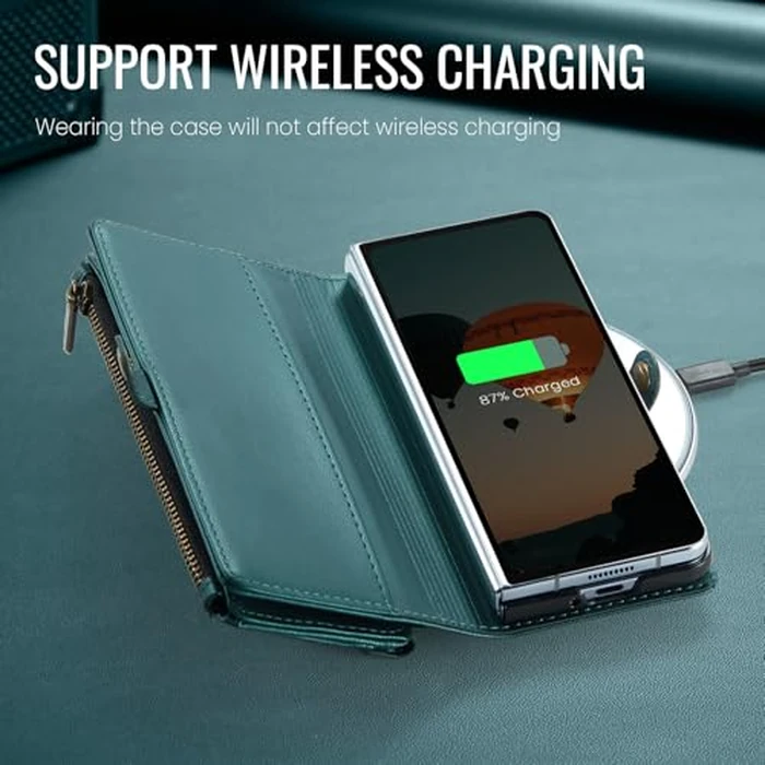 Defencase Wallet Case Compatible with Samsung Galaxy Z Fold 6 with RFID Blocking Card Holder & S Pen Holder PU Leather Magnetic Snap Flip Zipper Strap Phone Case Fit for Galaxy Z Fold 6, Blue Green by Defencase - Image 8