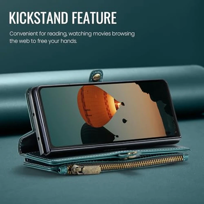 Defencase Wallet Case Compatible with Samsung Galaxy Z Fold 6 with RFID Blocking Card Holder & S Pen Holder PU Leather Magnetic Snap Flip Zipper Strap Phone Case Fit for Galaxy Z Fold 6, Blue Green by Defencase - Image 9