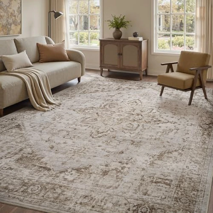 PADOOR 9x12 Area Rug for Living Room, Machine Washable Soft Large Bedroom Rug, Non-Slip Durable Low Pile Vintage Rug, Easy Clean Indoor Carpet for Hall, Kitchen, Dorm, Nursery, Office in Beige by PADOOR - Used - Very Good condition - CA$216.49