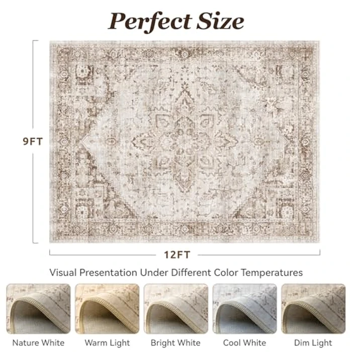 PADOOR 9x12 Area Rug for Living Room, Machine Washable Soft Large Bedroom Rug, Non-Slip Durable Low Pile Vintage Rug, Easy Clean Indoor Carpet for Hall, Kitchen, Dorm, Nursery, Office in Beige by PADOOR - Image 2