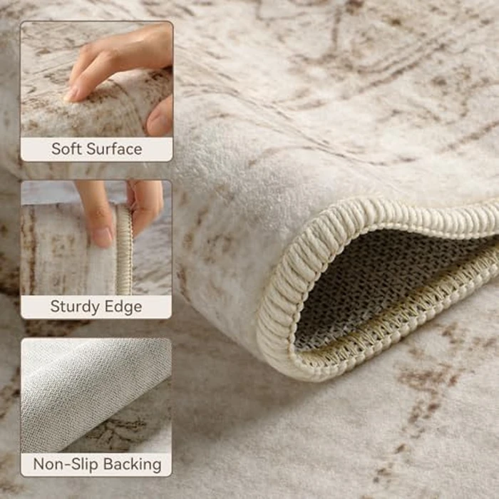 PADOOR 9x12 Area Rug for Living Room, Machine Washable Soft Large Bedroom Rug, Non-Slip Durable Low Pile Vintage Rug, Easy Clean Indoor Carpet for Hall, Kitchen, Dorm, Nursery, Office in Beige by PADOOR - Image 3