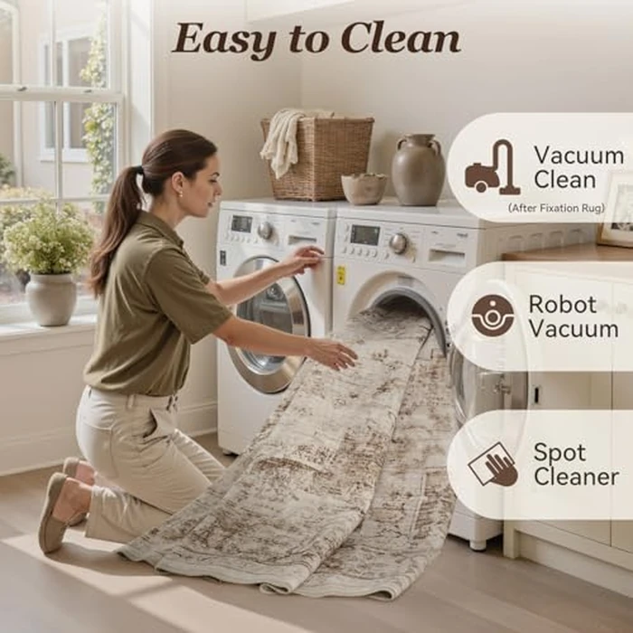 PADOOR 9x12 Area Rug for Living Room, Machine Washable Soft Large Bedroom Rug, Non-Slip Durable Low Pile Vintage Rug, Easy Clean Indoor Carpet for Hall, Kitchen, Dorm, Nursery, Office in Beige by PADOOR - Image 4