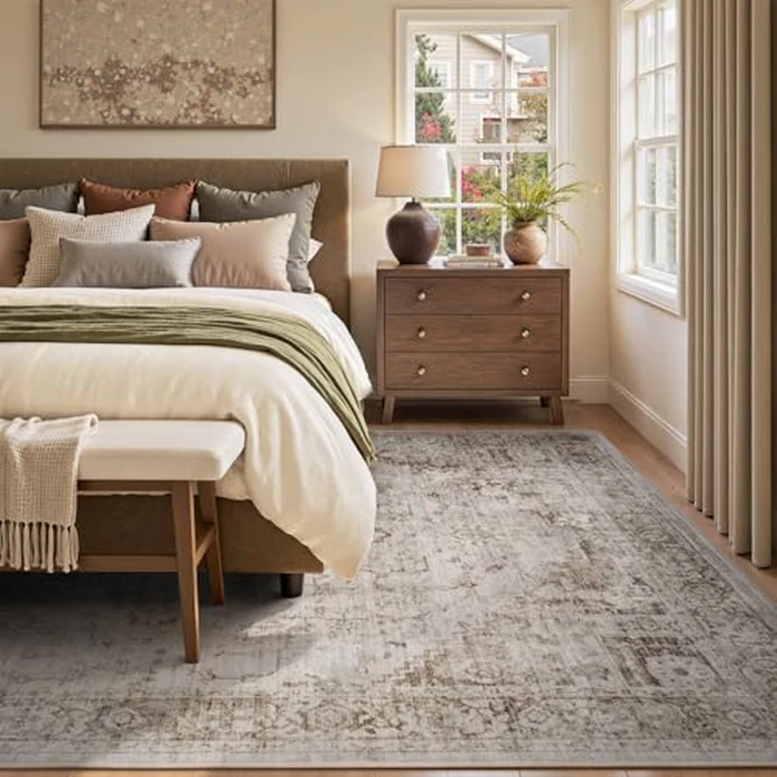 PADOOR 9x12 Area Rug for Living Room, Machine Washable Soft Large Bedroom Rug, Non-Slip Durable Low Pile Vintage Rug, Easy Clean Indoor Carpet for Hall, Kitchen, Dorm, Nursery, Office in Beige by PADOOR - Image 6