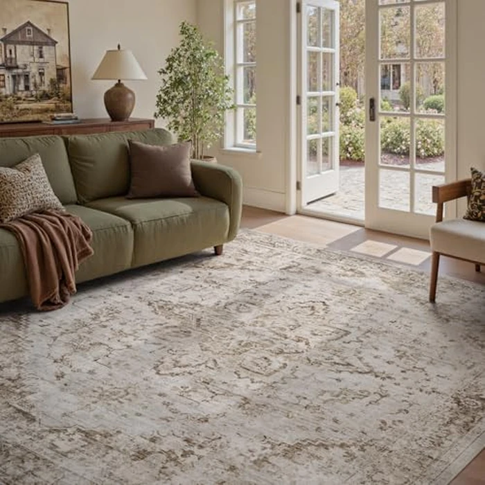 PADOOR 9x12 Area Rug for Living Room, Machine Washable Soft Large Bedroom Rug, Non-Slip Durable Low Pile Vintage Rug, Easy Clean Indoor Carpet for Hall, Kitchen, Dorm, Nursery, Office in Beige by PADOOR - Image 8