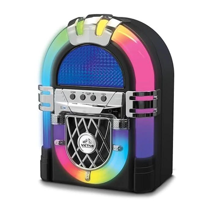 VICTOR VDTJ-1000 Mini Bluetooth Jukebox with Multicolor LED Lighting, Rechargeable Battery, Built-in Stereo Speaker, USB/SD Playback, and 3.5mm Aux Input for Wireless and Wired Music Streaming by VICTOR - Image 1