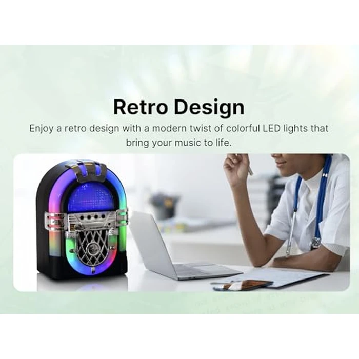 VICTOR VDTJ-1000 Mini Bluetooth Jukebox with Multicolor LED Lighting, Rechargeable Battery, Built-in Stereo Speaker, USB/SD Playback, and 3.5mm Aux Input for Wireless and Wired Music Streaming by VICTOR - Image 4