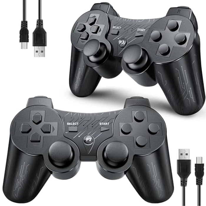 OKHAHA Controller 2 Pack for PS3 Wireless Controller for Sony Playstation 3, Double Shock 3, Bluetooth, Rechargeable, Motion Sensor, Remote for PS3 (With Stripes(Black + Black)) by OKHAHA - Used - Acceptable condition