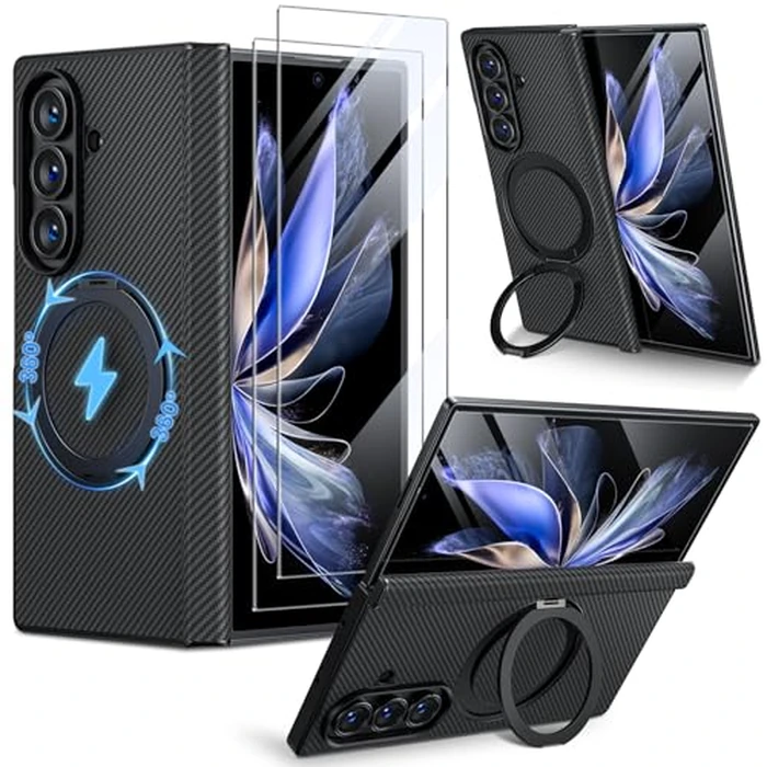Hoerrye for Samsung Galxy Z fold 7 Case - Compatible with MagSafe [2Pcs Screen Protector] [Military-Grade Drop Protection] Carbon Fiber Magnetic Cover with 360 degrees Adjustable Stand, Black by Hoerrye - Image 1