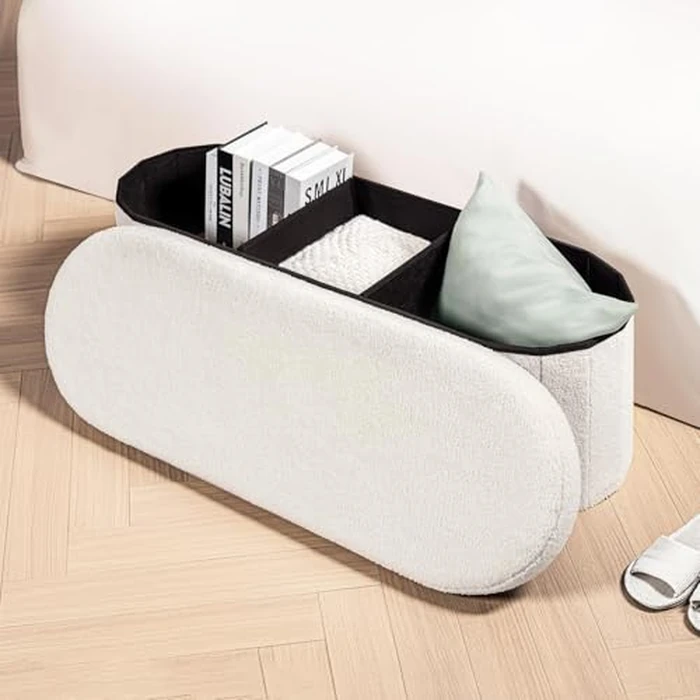 B FSOBEIIALEO Storage Ottoman Bench Boucle Oval Ottomans Foot Rest, Teddy Storage Chest Box Bedroom Bench with Storage, White Cream 110x38x38cm by B FSOBEIIALEO - Image 2