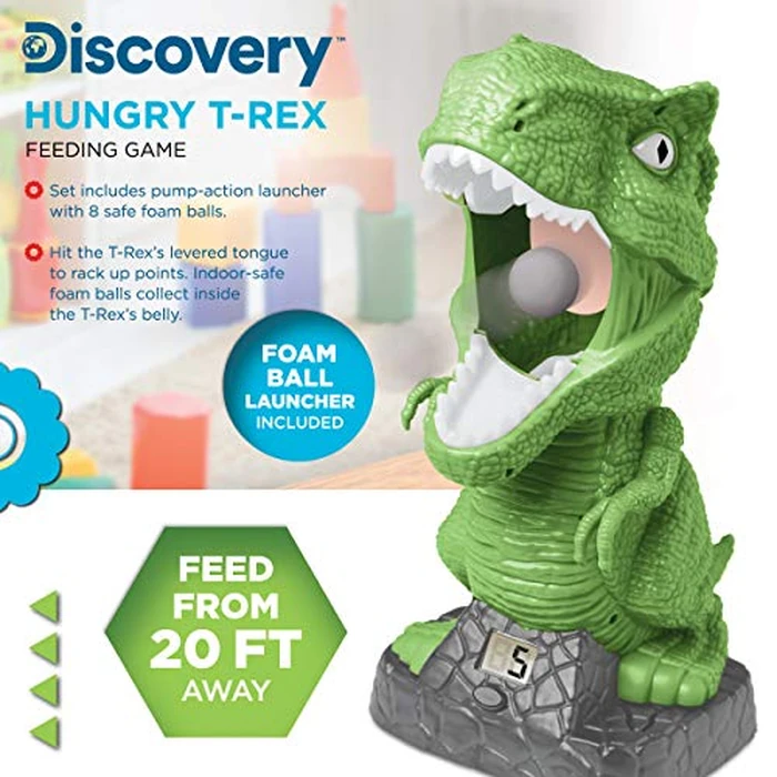 Discovery Hungry T-Rex Feeding Game, Carnival Style Shooting Target Competition for Kids, 8 Indoor Safe Foam Balls with Air Launcher, Electronic LCD Screen with Lever Tongue, Great for Ages 6 & Up by Discovery - Image 2