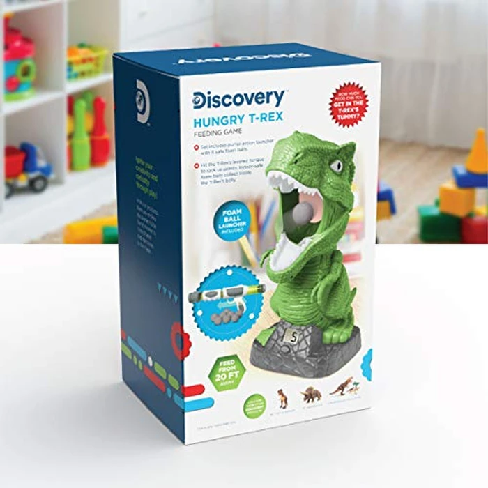 Discovery Hungry T-Rex Feeding Game, Carnival Style Shooting Target Competition for Kids, 8 Indoor Safe Foam Balls with Air Launcher, Electronic LCD Screen with Lever Tongue, Great for Ages 6 & Up by Discovery - Image 8