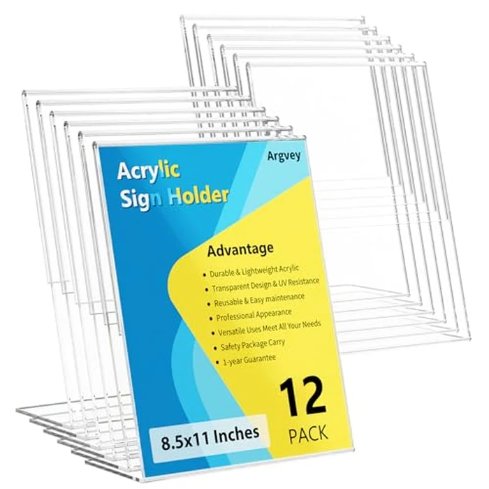 12 Pack Acrylic Sign Holder, Clear 8.5 x 11 Inch Slant Back Vertical Sign Holder, Tabletop Plastic Paper Picture Frame Flyer Document Holder Display Stand for Home, Office, Restaurants, and Stores by Argvey - Image 1