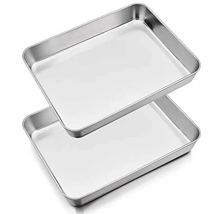 P&P CHEF 10.4 Inch Lasagna Pan, Stainless Steel Sheet Baking Pan, Rectangular Brownie Pan for Baking Lasagna/Meats, Cookie Tray Fits in Toaster Oven, Easy Clean & Heavy Duty (2Pc) by P&P CHEF - Used - Like New condition - US$14.56