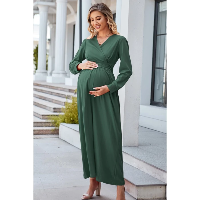 OUGES Fall Maternity Maxi Dresses Long Sleeve Wrap V Neck Baby Shower Dress Maternity Clothes 2025(Green,XXL) by OUGES - Image 10