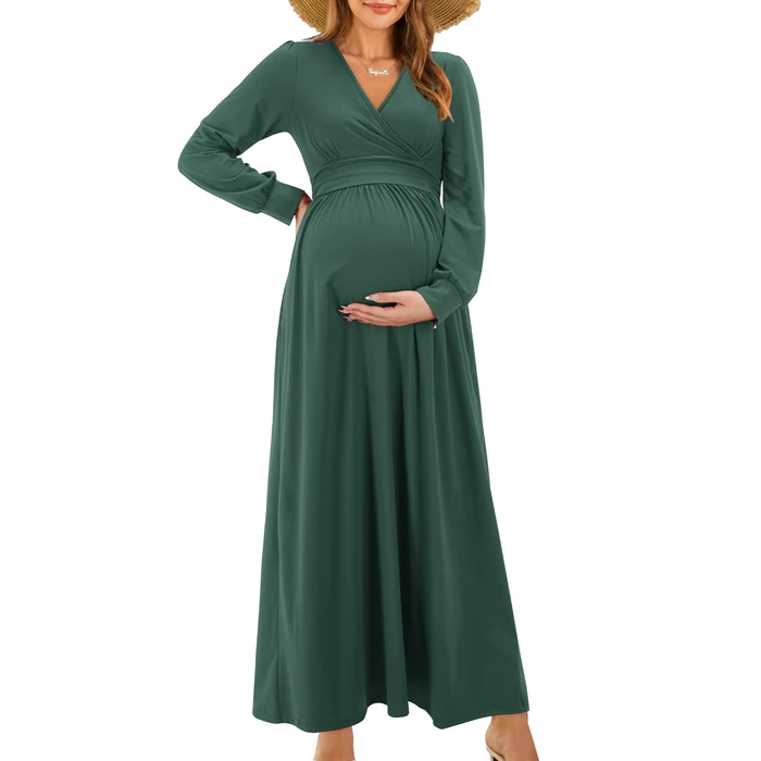 OUGES Fall Maternity Maxi Dresses Long Sleeve Wrap V Neck Baby Shower Dress Maternity Clothes 2025(Green,XXL) by OUGES - Image 1