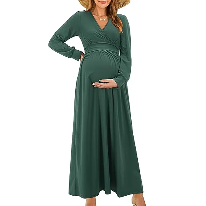OUGES Fall Maternity Maxi Dresses Long Sleeve Wrap V Neck Baby Shower Dress Maternity Clothes 2025(Green,XXL) by OUGES - Image 2