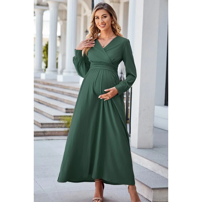 OUGES Fall Maternity Maxi Dresses Long Sleeve Wrap V Neck Baby Shower Dress Maternity Clothes 2025(Green,XXL) by OUGES - Image 4