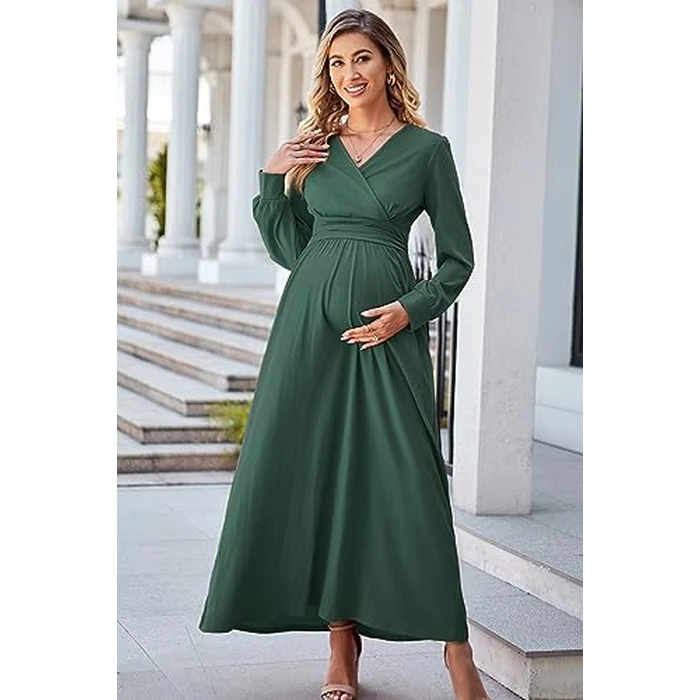 OUGES Fall Maternity Maxi Dresses Long Sleeve Wrap V Neck Baby Shower Dress Maternity Clothes 2025(Green,XXL) by OUGES - Image 5