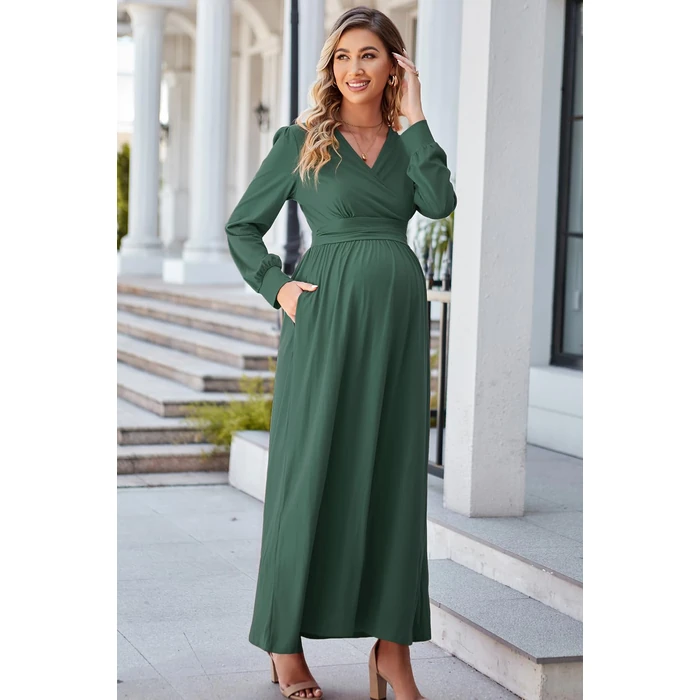OUGES Fall Maternity Maxi Dresses Long Sleeve Wrap V Neck Baby Shower Dress Maternity Clothes 2025(Green,XXL) by OUGES - Image 7