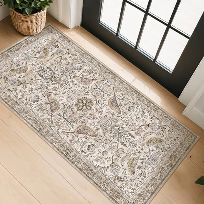 Boho Moss 2x4 Small Rugs for Entryway, Vintage Washable Low Pile & Soft Throw Rugs for Kitchen, Bathroom - Classic Home Décor, Bird & Botanical Design Stain Resitant Non Slip Carpet by Hazo Haus - Image 1