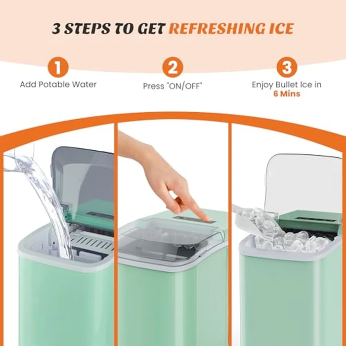 Sweetcrispy Countertop Ice Maker with Handle, 26lbs/24H Portable Ice Machine, 9 Bullet Ice Cubes Ready in 6 Mins, Self-Cleaning, Quiet Compact Ice Maker for Home, Kitchen, RV, Camping, Green by Sweetcrispy - Image 6