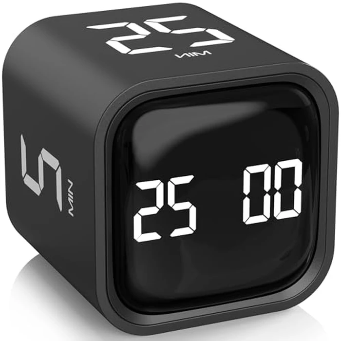 Rotating Pomodoro Timer 5, 25, 10 50 Minutes Preset, Desk Productivity Flip Timer, ADHD Tool Cube Countdown Stopwatch, Vibration/High/Low Volume/Custom Modes, for Work, Study, Back to School, Kitchen by OORAII - Used - Like New condition