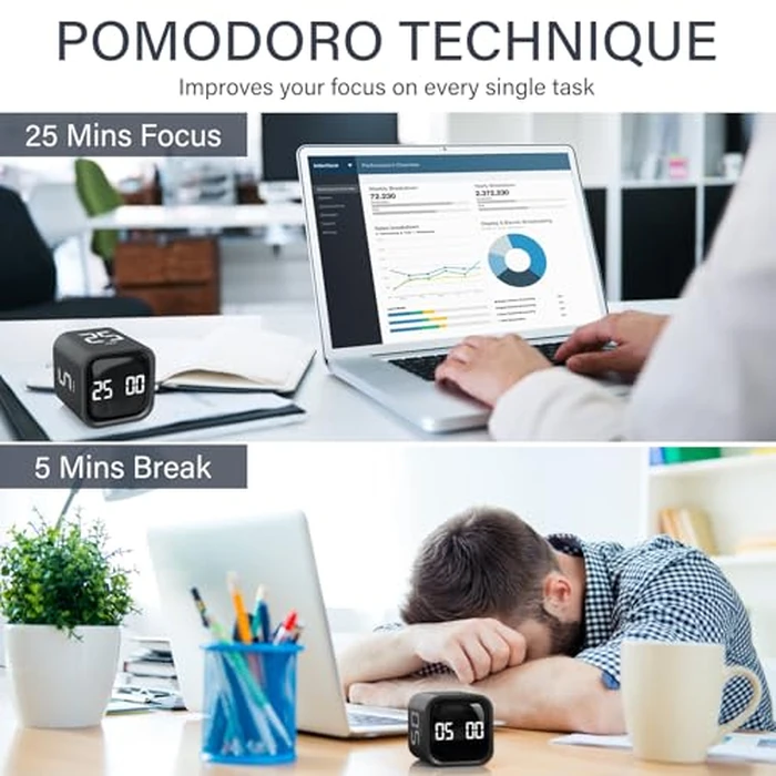 Rotating Pomodoro Timer 5, 25, 10 50 Minutes Preset, Desk Productivity Flip Timer, ADHD Tool Cube Countdown Stopwatch, Vibration/High/Low Volume/Custom Modes, for Work, Study, Back to School, Kitchen by OORAII - Image 3