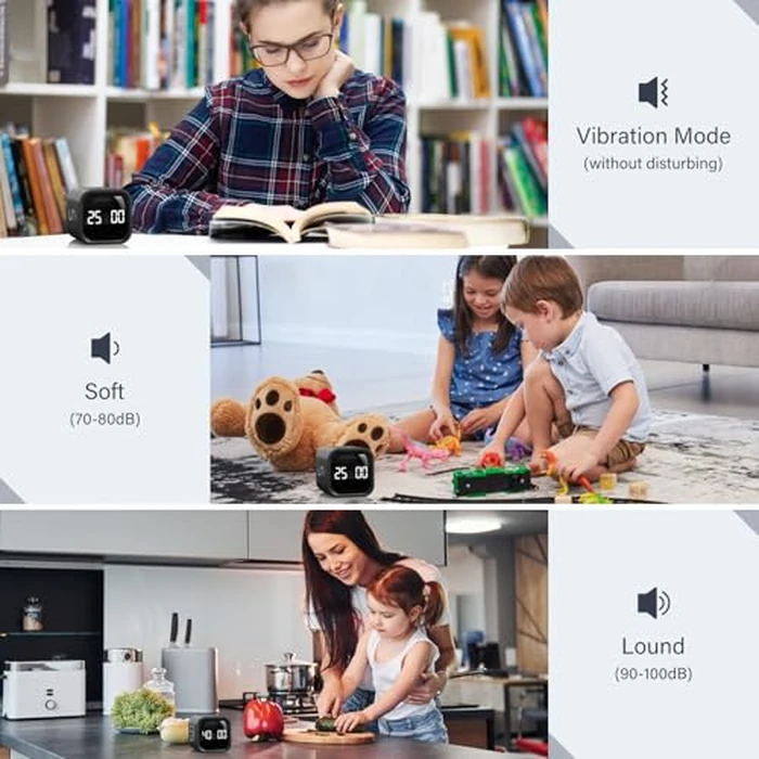 Rotating Pomodoro Timer 5, 25, 10 50 Minutes Preset, Desk Productivity Flip Timer, ADHD Tool Cube Countdown Stopwatch, Vibration/High/Low Volume/Custom Modes, for Work, Study, Back to School, Kitchen by OORAII - Image 6