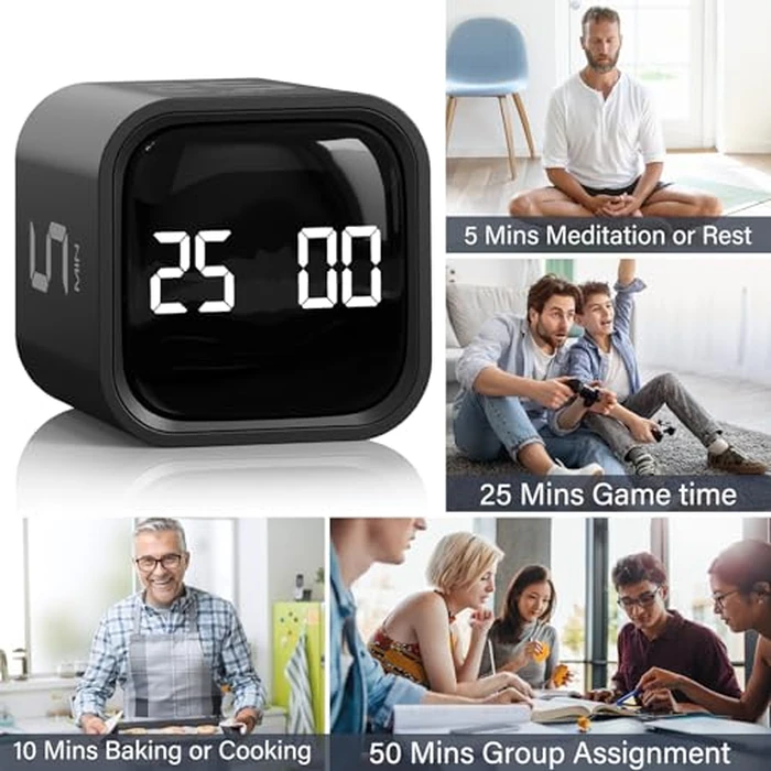 Rotating Pomodoro Timer 5, 25, 10 50 Minutes Preset, Desk Productivity Flip Timer, ADHD Tool Cube Countdown Stopwatch, Vibration/High/Low Volume/Custom Modes, for Work, Study, Back to School, Kitchen by OORAII - Image 9