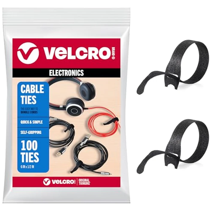 VELCRO Brand Reusable Cable Ties, Practical Tech Gifts for Men, 100 Pack 6 Inch Cable Management Ties for Electronics and Desk Organization, Black by VELCRO Brand - Used - Very Good condition - US$7.53
