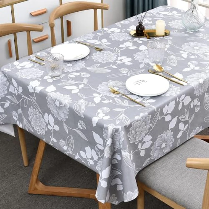 Zobesta Vinyl Tablecloths for Rectangle Tables, Heavy Duty Vinyl Tablecloth Vinyl Table Cover Table Cloth Rectangle Table for Kitchen and Outdoor (Grey Floral, 86" x 55") by Zobesta - Image 2