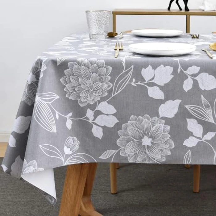 Zobesta Vinyl Tablecloths for Rectangle Tables, Heavy Duty Vinyl Tablecloth Vinyl Table Cover Table Cloth Rectangle Table for Kitchen and Outdoor (Grey Floral, 86" x 55") by Zobesta - Image 5