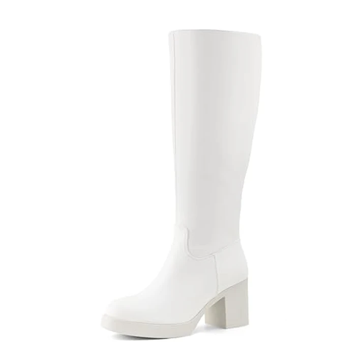 Shoe'N Tale Platform Knee High Boots for Women Block Chunky Heel Round Toe Side Zipper Tall Boots(10,White) by Shoe'N Tale - Used - Like New condition