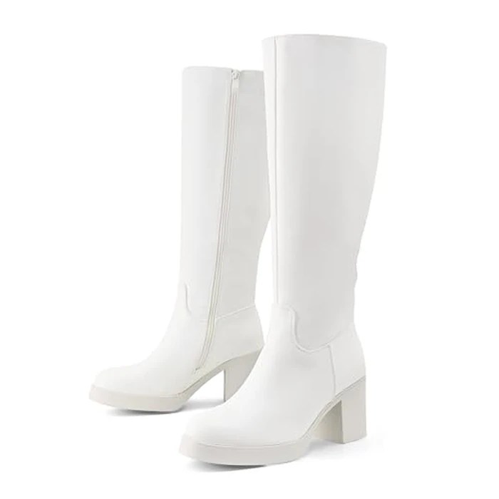 Shoe'N Tale Platform Knee High Boots for Women Block Chunky Heel Round Toe Side Zipper Tall Boots(10,White) by Shoe'N Tale - Image 3