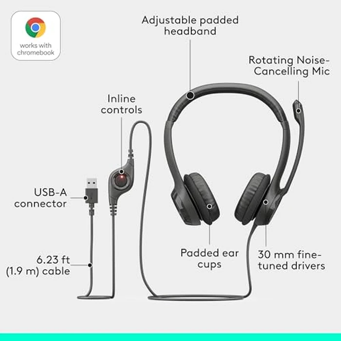 Logitech H390 Wired Headset for PC/Laptop, Stereo Headphones with Noise Cancelling Microphone, USB-A, in-Line Controls, Works with Chromebook - Black, 1 Pack by Logitech - Image 7