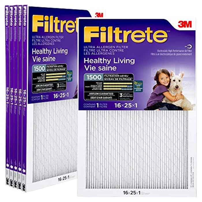 Filtrete 16x25x1 Furnace Filter, MPR 1500, MERV 12, Healthy Living Ultra-Allergen 3-Month Pleated 1-Inch Air Filters, 6 Filters by Filtrete - Used - Like New condition - CA$102.90