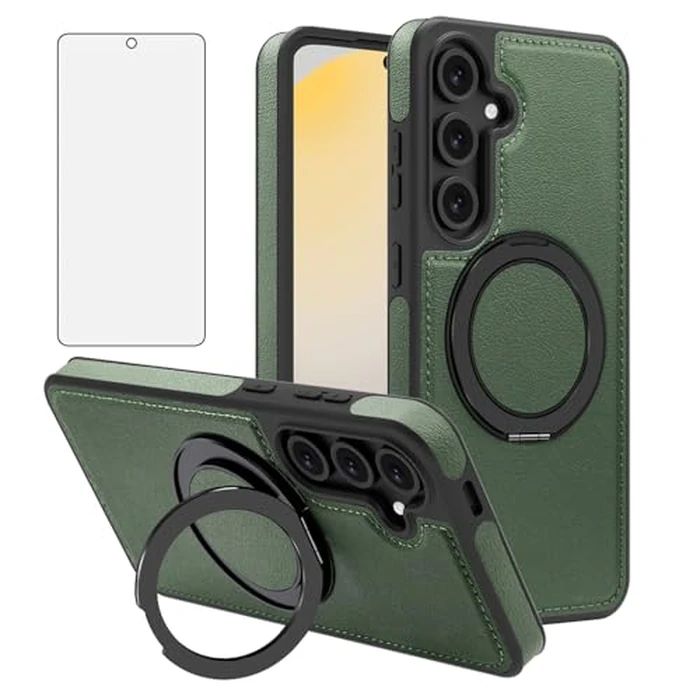 Phone Case for Samsung Galaxy S25 FE 5G Cover 360 Rotatable Magnetic Ring Stand Kickstand Screen Protector Compatible with MagSafe PU Leather Shockproof Loop for S 25 EF S25FE 25FE Women Men Green by Asuwish - Used - Acceptable condition - CA$13.19