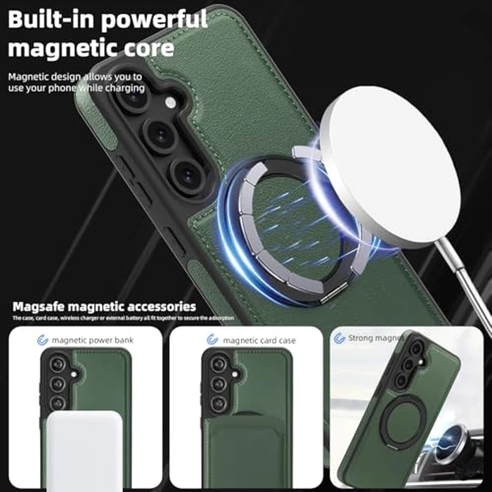 Phone Case for Samsung Galaxy S25 FE 5G Cover 360 Rotatable Magnetic Ring Stand Kickstand Screen Protector Compatible with MagSafe PU Leather Shockproof Loop for S 25 EF S25FE 25FE Women Men Green by Asuwish - Image 2