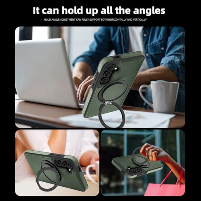 Phone Case for Samsung Galaxy S25 FE 5G Cover 360 Rotatable Magnetic Ring Stand Kickstand Screen Protector Compatible with MagSafe PU Leather Shockproof Loop for S 25 EF S25FE 25FE Women Men Green by Asuwish - Image 3