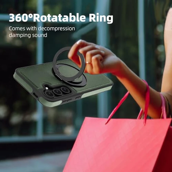 Phone Case for Samsung Galaxy S25 FE 5G Cover 360 Rotatable Magnetic Ring Stand Kickstand Screen Protector Compatible with MagSafe PU Leather Shockproof Loop for S 25 EF S25FE 25FE Women Men Green by Asuwish - Image 7
