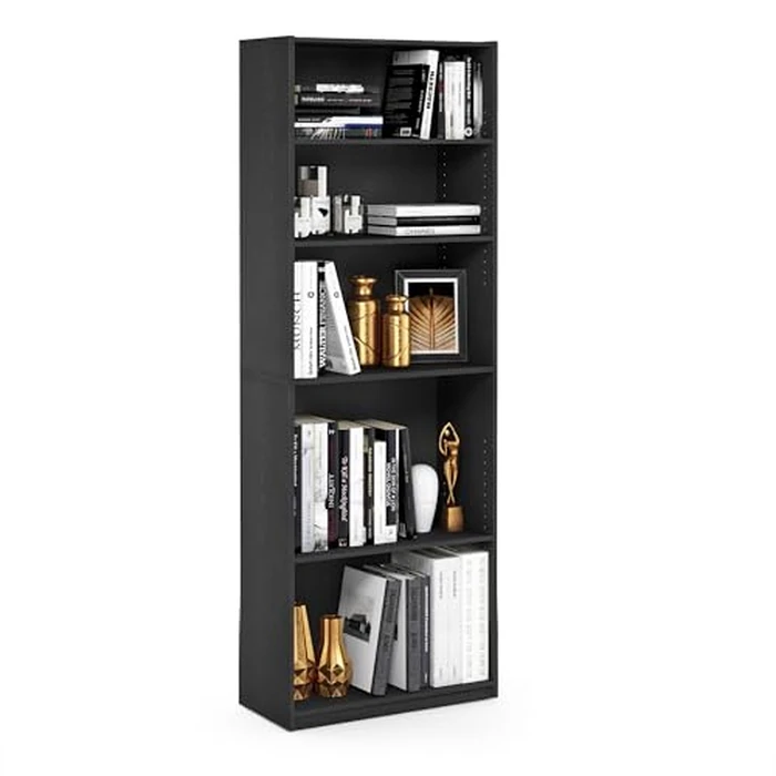 Furinno Jaya Book Shelf, 5-Tier Bookshelf, Bookcase with Adjustable Shelves, 9.5 x 24.5 x 71.2, for Organization and Storage, for Living Room, Bedroom, Home Office, Blackwood by Furinno - Image 1