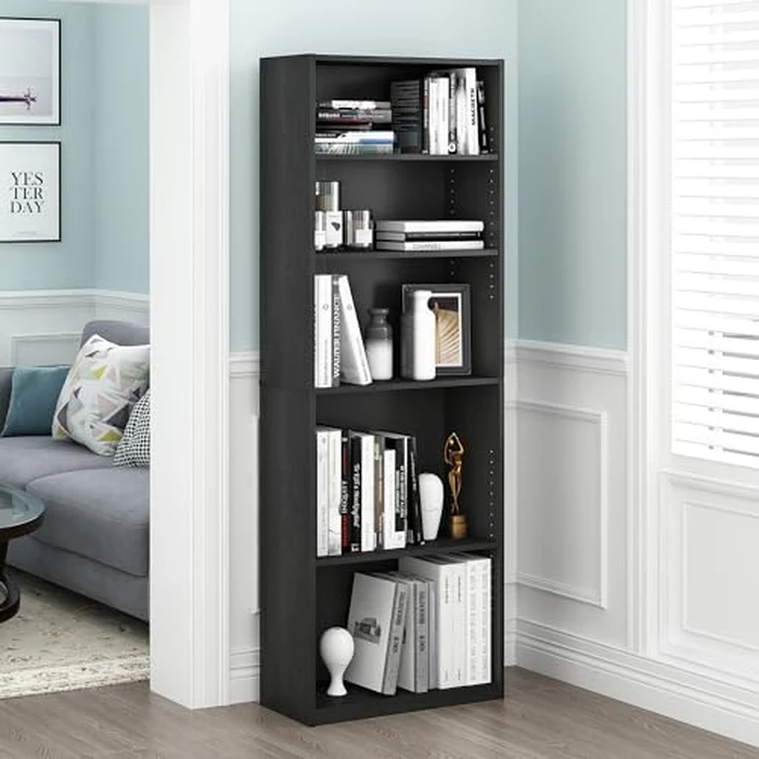 Furinno Jaya Book Shelf, 5-Tier Bookshelf, Bookcase with Adjustable Shelves, 9.5 x 24.5 x 71.2, for Organization and Storage, for Living Room, Bedroom, Home Office, Blackwood by Furinno - Image 2