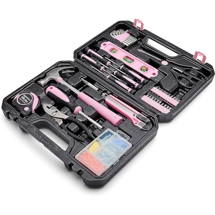 Amazon Basics 142-Piece Household Tool Kit for Home Repair, Hand Tools with Storage Case, 13.39 x 9.25 x 2.95 inch, Pink by Amazon Basics - Used - Like New condition