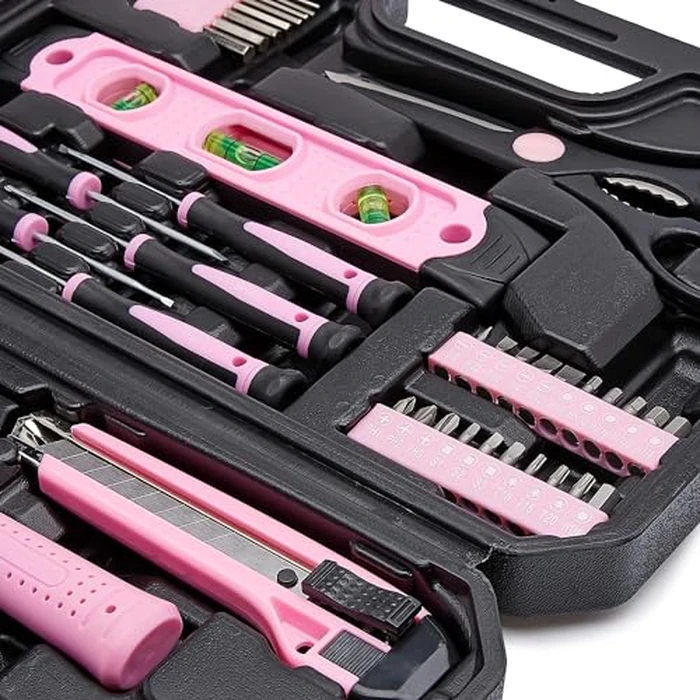 Amazon Basics 142-Piece Household Tool Kit for Home Repair, Hand Tools with Storage Case, 13.39 x 9.25 x 2.95 inch, Pink by Amazon Basics - Image 2