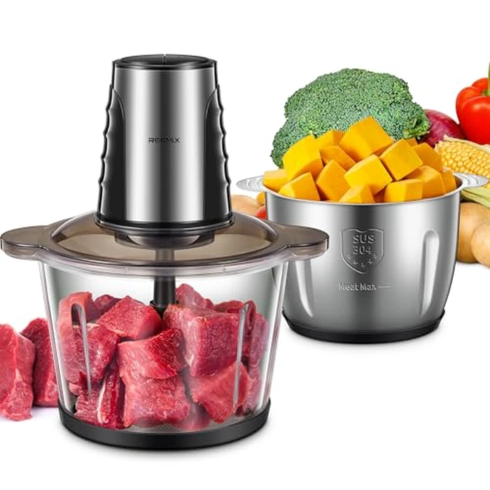 Food Processors with 2 Large Bowls(12 Cup+12 Cup), Reemix Electric Chopper with Powerful 500W Copper Motor, 4 Bi-Level Blades for Fruits, Meat, Vegetables, Baby Food, Nuts, 2 Speeds by Reemix - Used - Like New condition - CA$46.24