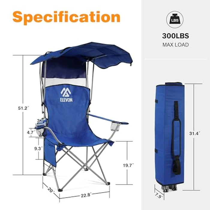 Elevon Camping Chair, Oversized Folding Chair with Canopy, Portable Outdoor Chair with Arms, Cup Holder and Carry Bag for Camping, Fishing, Beach, and Sports, Sky Blue by Elevon - Image 2
