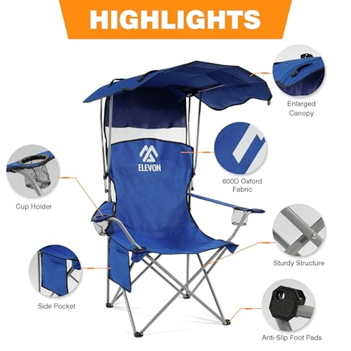 Elevon Camping Chair, Oversized Folding Chair with Canopy, Portable Outdoor Chair with Arms, Cup Holder and Carry Bag for Camping, Fishing, Beach, and Sports, Sky Blue by Elevon - Image 3