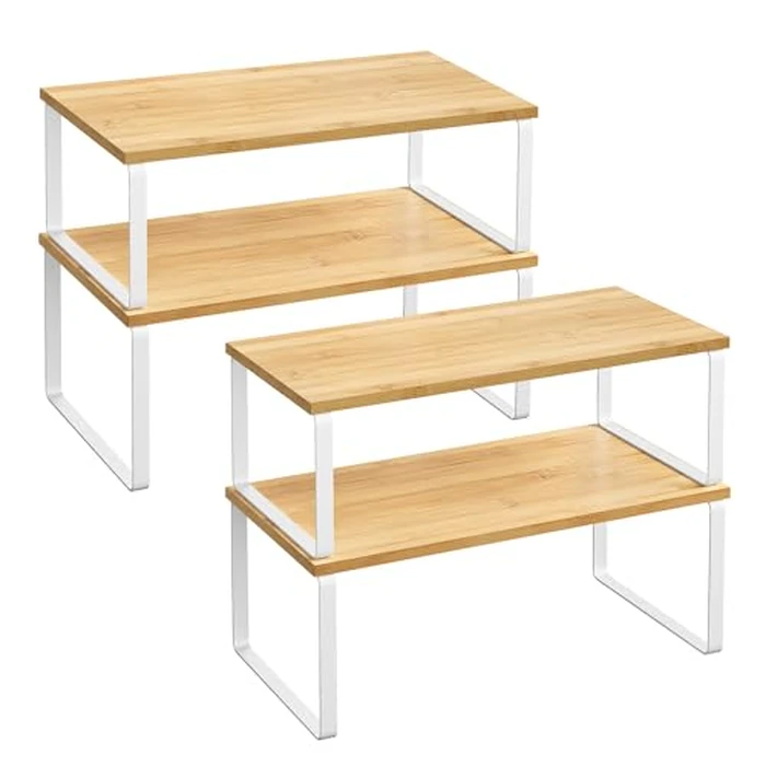 SONGMICS Cabinet Organizer Shelf, Set of 4 Kitchen Counter Shelves, Kitchen Storage, Spice Rack, Stackable, Expandable, Metal and Engineered Wood, Cloud White and Natural Beige UKCS210W01 by SONGMICS - Used - Good condition - CA$33.99